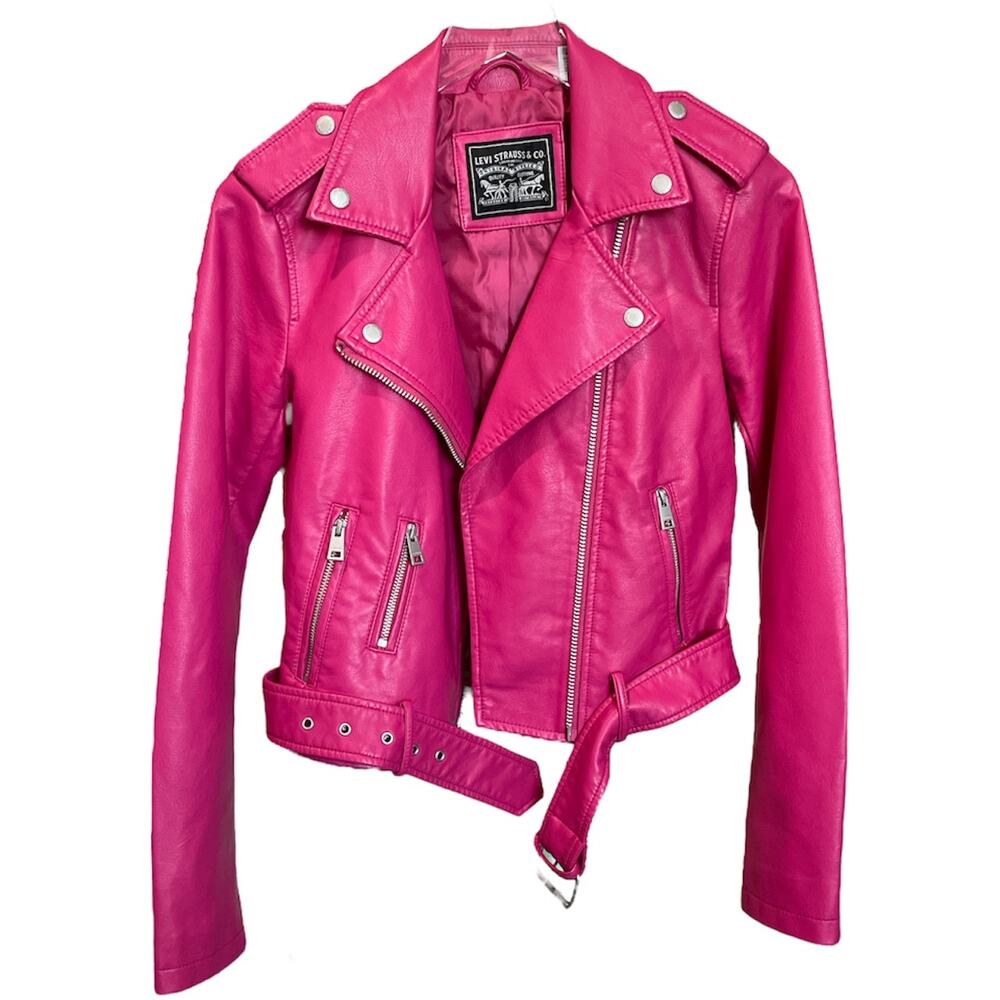 Levi’s Hot Pink Faux Leather Moto Biker Jacket Belted XS NWT - Picture 1 of 10